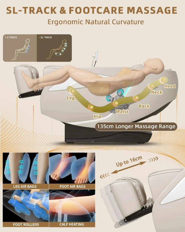 RelaxRelife Full-Body 4D Zero-Gravity Massage Chair with Body Scan, Intelligent Shiatsu Stretch, Heated Back & Legs, AI Voice Control, Bluetooth Speaker, Airbags and 135cm SL-Track — Beige