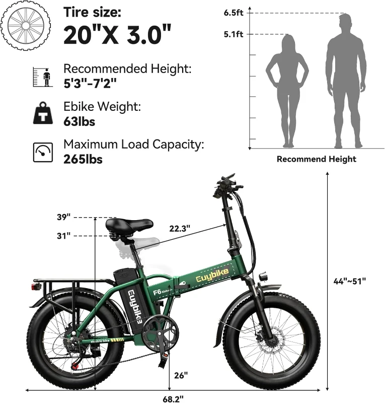 KEBIKO 1000W Peak Folding Electric Bike with Removable 48V 20Ah Battery, 30+ MPH, 80-Mile Max Range, 20"" Fat Tire Foldable E-Bike for Adults
