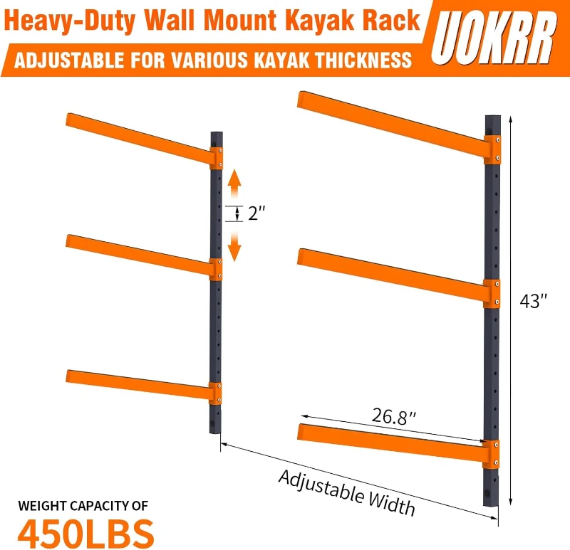 Adjustable Heavy-Duty Wall-Mount Kayak Rack — Indoor & Outdoor Storage Solution for Garages, Sheds and Docks (Space-Saver)