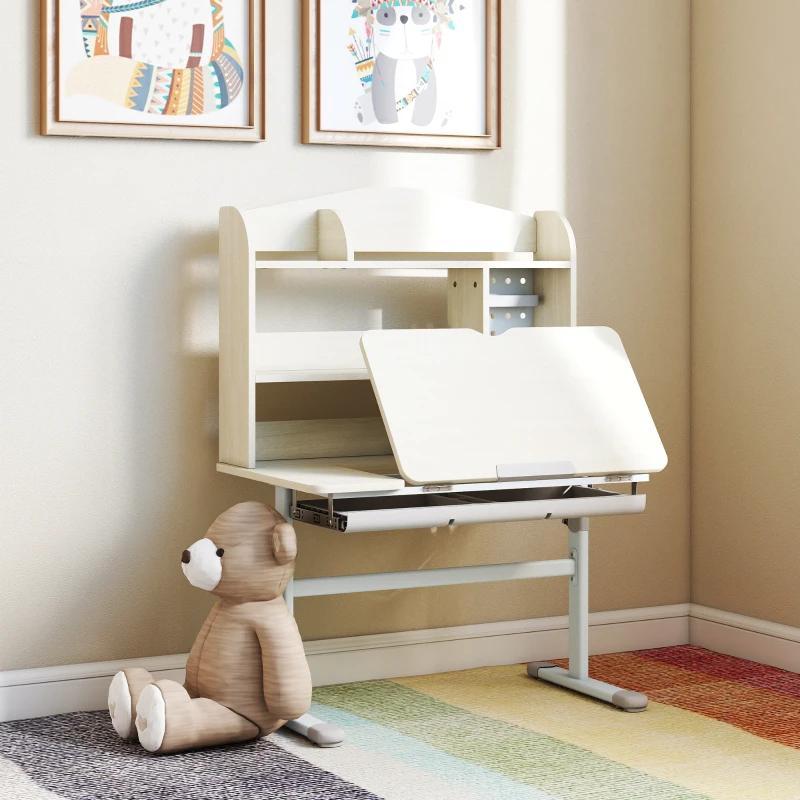 Qaba Kids Desk Height Adjustable with Tilted Desktop, Storage, Drawer, Pegboard, for 3-12 Years