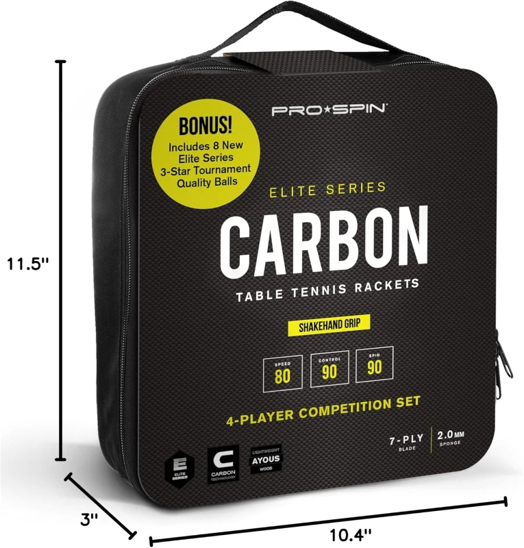 PRO-SPIN Carbon Control Table Tennis Rackets (4-Pack) - ITTF-Approved Rubber, 7-Ply Blade with Carbon, 2.0mm Sponge