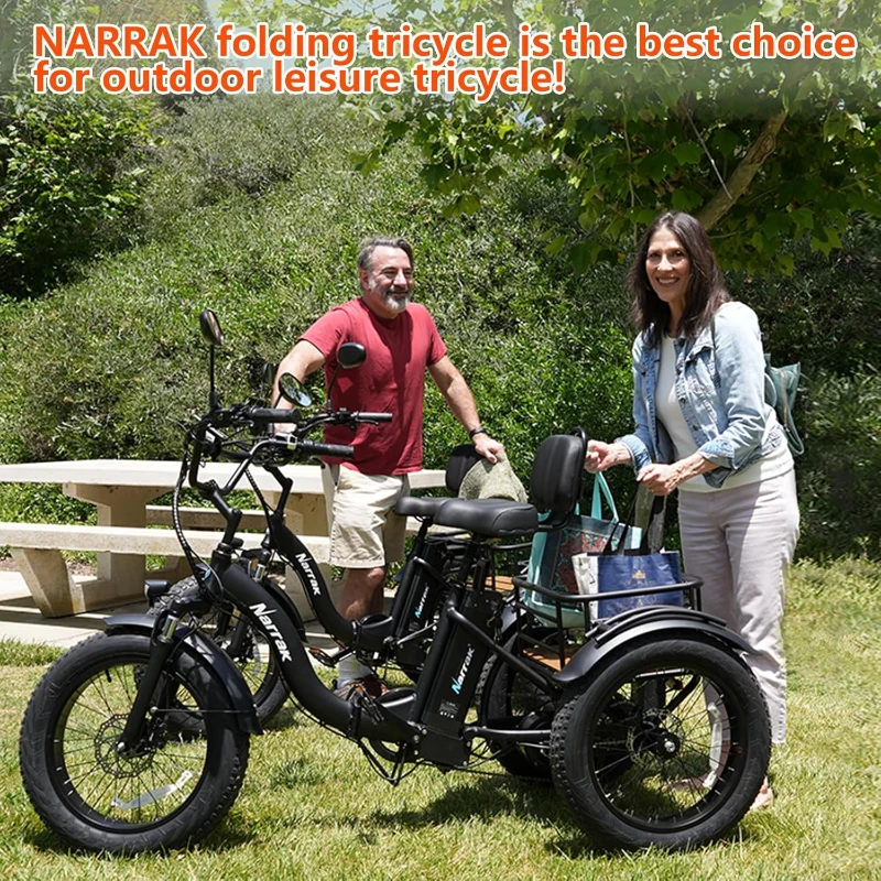 Narrak Folding Adult Electric Trike — 750W (Peak 1350W), 48V 13Ah UL Battery, 20x4"" Fat Tires, Rear Differential, Hydraulic Brakes, Foldable 3-Wheel Ebike