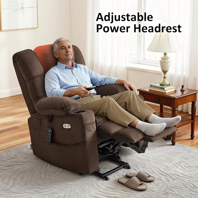 MCombo Large Triple-Motor Power Lift Recliner for Tall Seniors with Massage & Dual-Zone Heating, Adjustable Headrest — Fabric 7634 (Coffee, Large)