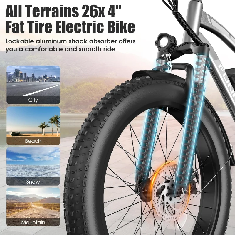 Funhang Electric Bike for Adults - Peak 1000W Ebike, 26"" Fat Tire Mountain Bike, 25 MPH, 60 Mile Range, 48V 13Ah Battery, Rear Rack, Front Suspension, 7-Speed, UL 2849 Certified