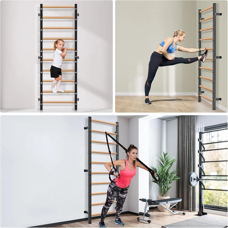 Kipika 2""x2"" Wall-Mounted Swedish Ladder with 1"" Hole — Pull-Up Bar & Suspension Trainer with Solid Wood Handles for Home, Wall Gyms, Schools