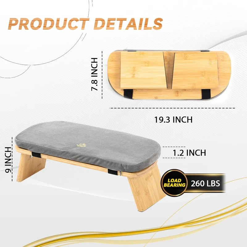 Large Bamboo Folding Meditation Bench with Cushion (Grey) – Upgraded Seiza Kneeling Stool, Ergonomic 6° Tilt with Magnetic Locking Hinges