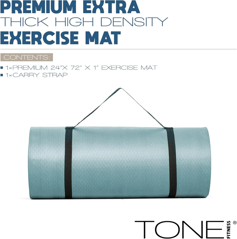 Tone Fitness 1-inch Thick Exercise Mat — High-Density, Non-Skid NBR with Strap for Pilates, Yoga & Home Workout Sessions
