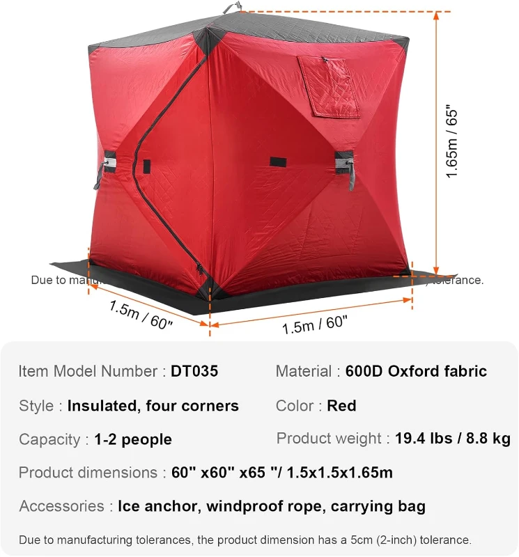 VEVOR Insulated Pop-Up Ice Fishing Tent – 600D Oxford, 80g Insulation, Hub-Style Portable Shelter for 1–8 People, Waterproof, Includes Anchors, Ropes & Carry Bag