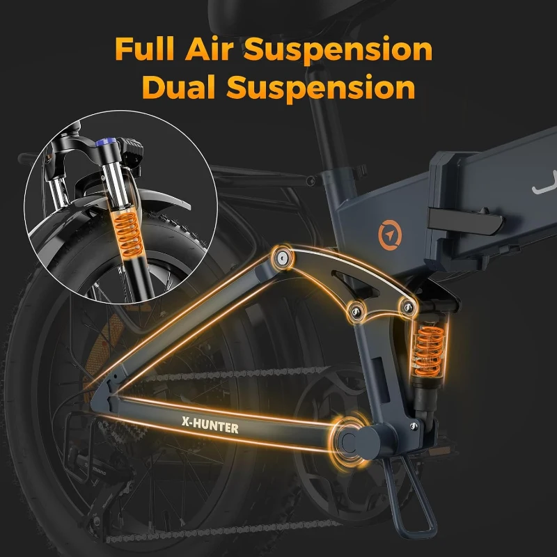 Jasion X-Hunter Foldable Electric Bicycle — Peak 1400W, 624Wh Removable Battery, 30 MPH, 20"" Fat Tires, Dual-Suspension, 55–70 Mile Range, 7-Speed