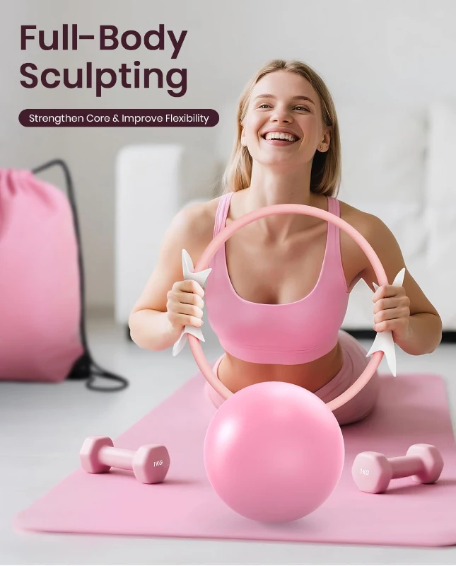 Women's Pilates Starter Kit — 14"" Magic Circle, Mini Ball & Resistance Bands Home Workout Set with Dumbbells and Guide
