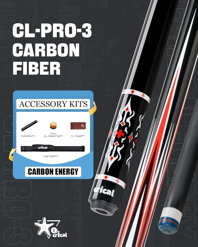 CRICAL 58-inch Carbon Fiber Pool Cue – Professional Low-Deflection Cue with 3/8×8 Pin Joint and 12.5mm Tip