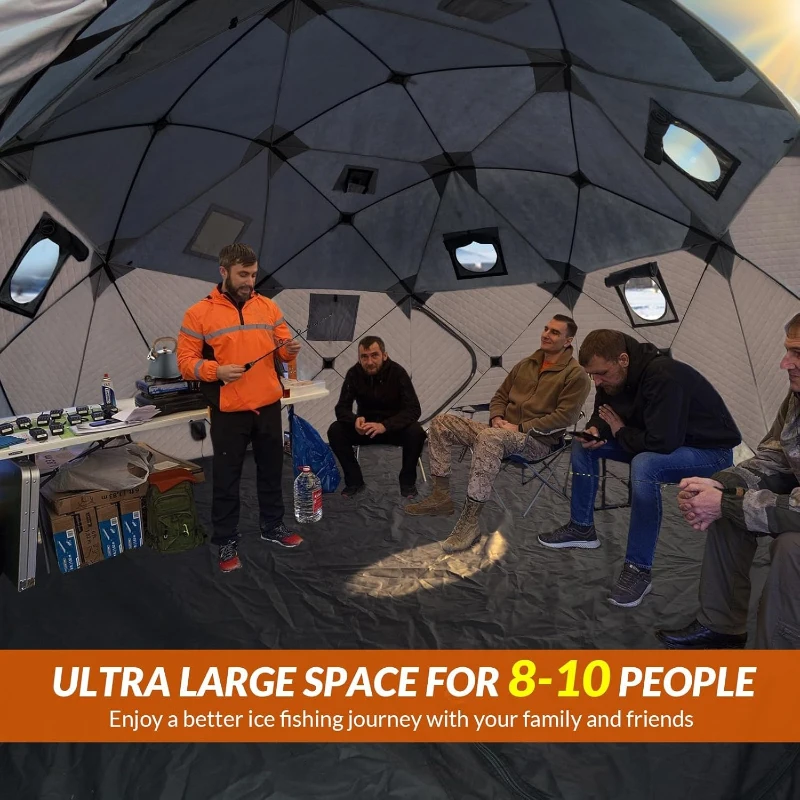 QualyQualy Pop-Up Insulated Ice Fishing Tent with Floor, 8–10 Person, 147 sq ft, Stove Jack
