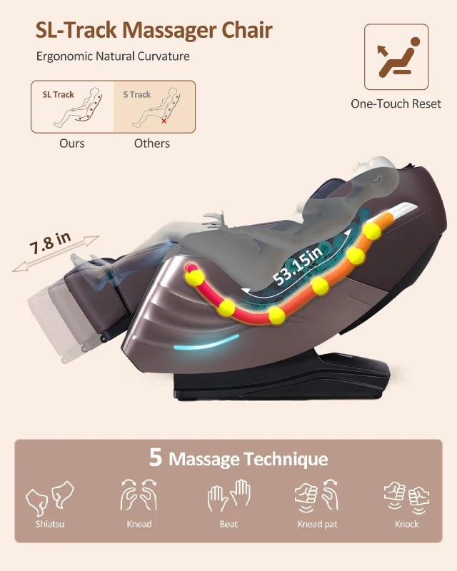 RELX 2026 Full-Body SL-Track Shiatsu Massage Chair with 20 Modes, Zero-Gravity, Far-Infrared Heat, AI Voice and Calfrest Extension (Brown)