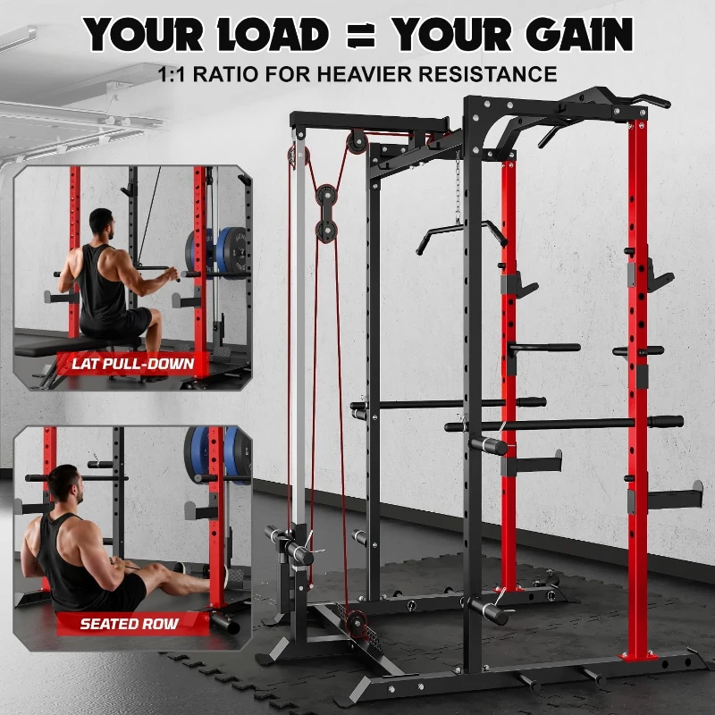 C1-V4 Power Cage 2000LB Squat Rack with Lat Pulldown - Multi-Function Strength Training Cage with Attachments for Home or Garage