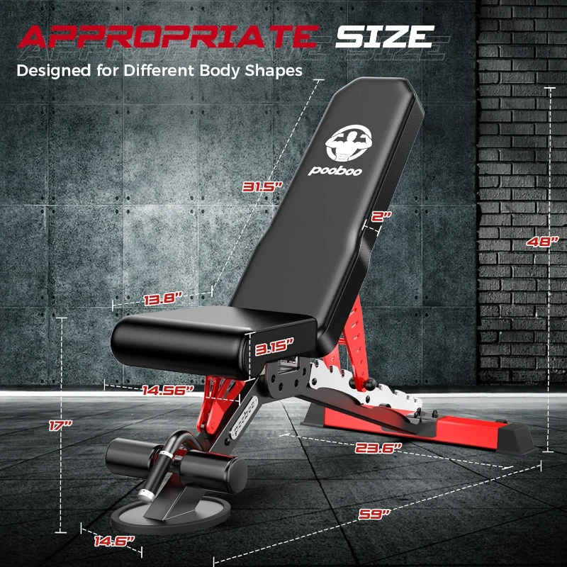 Pooboo Adjustable Weight Bench for Home – Heavy-Duty Strength Training Bench 1500 LBS Capacity, Flat/Incline/Decline for Full-Body Workouts