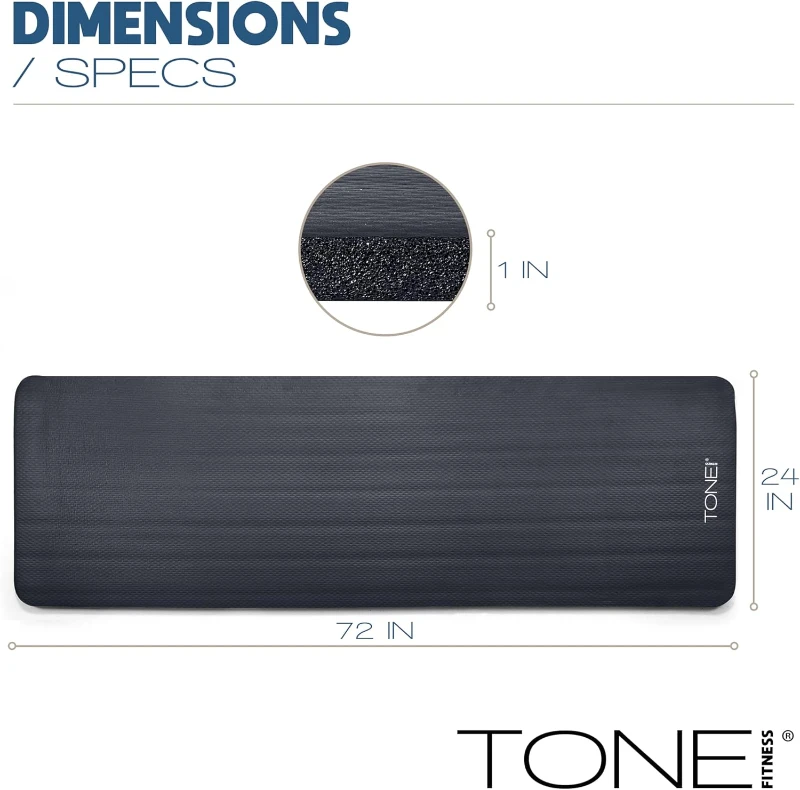 Tone Fitness Thick Pilates & Yoga Mat — One-Inch High-Density NBR, Anti-Slip Exercise Mat with Carry Strap for Home Gyms