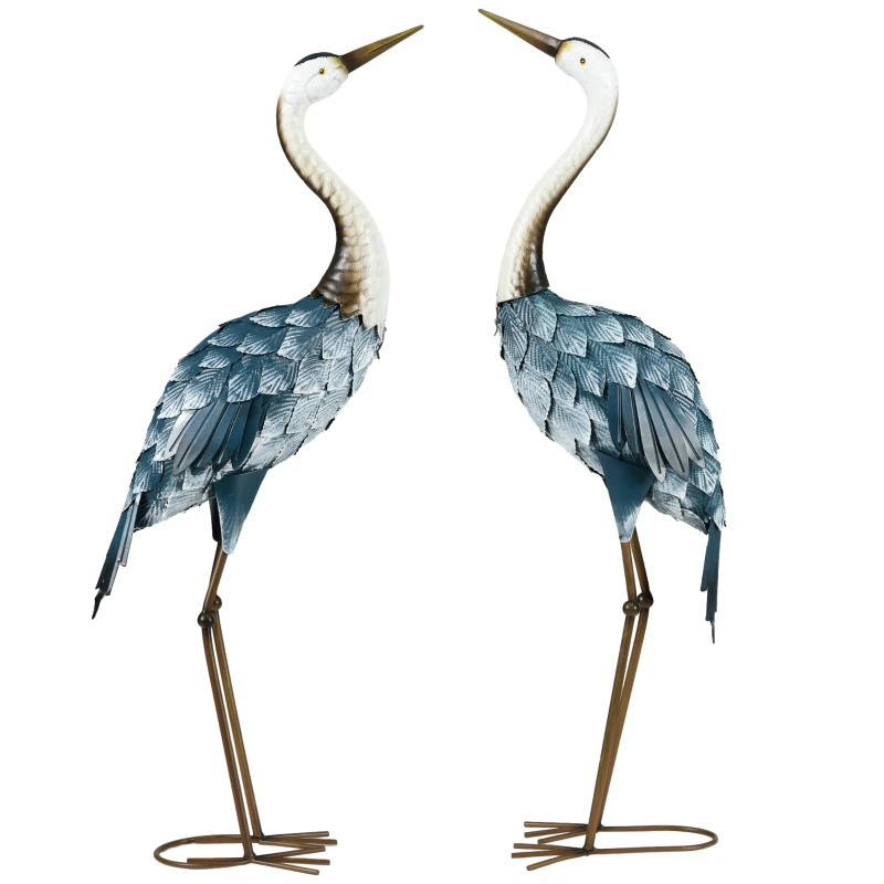 Outsunny Set of 2 Garden Sculptures Crane Statues Lawn Patio Backyard Ornaments, 28.5"-29.1", Blue