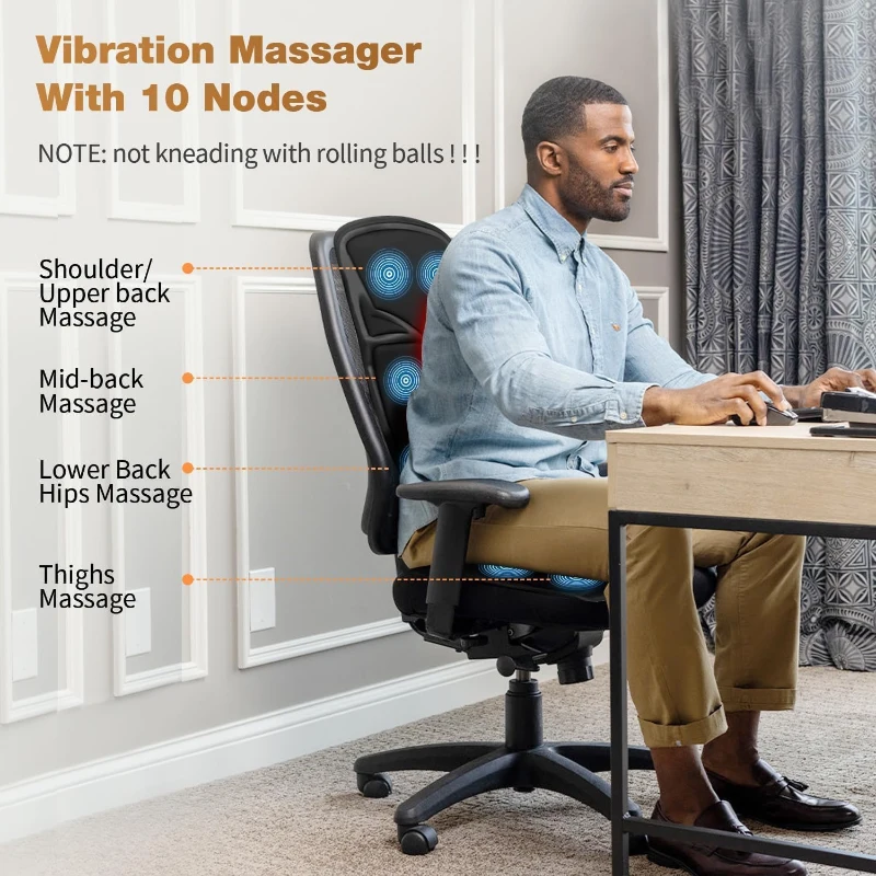 Vibrating Back Massage Chair Pad with Heat for Pain Relief — Full-Body Chair Massager with 10 Vibration Motors, Multiple Programs and Dual Adapters for Office & Recliner