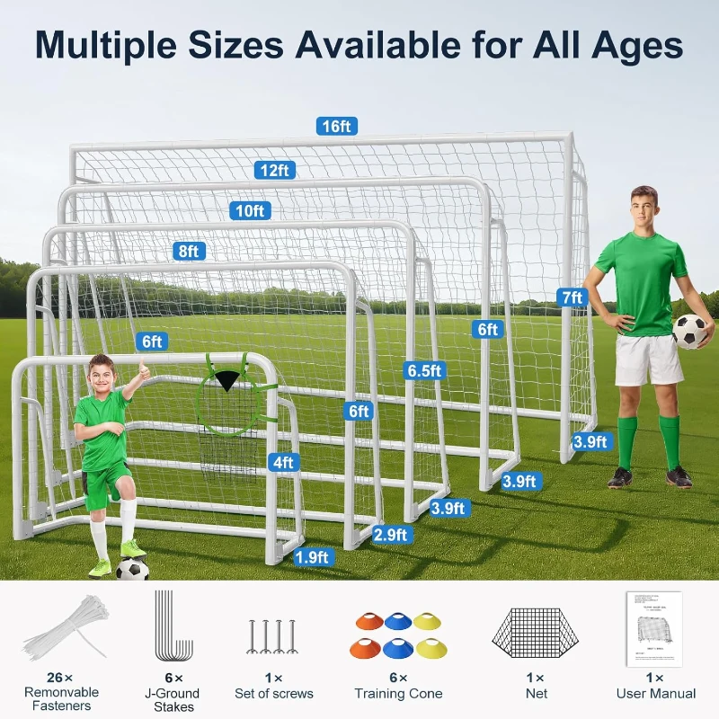 MOPHOTO Soccer Goal — 6x4/8x6/10x6.5/12x6/16x7/18.5x6.5/21x7/24x8 ft Backyard & Full-Size Training Goals for Teens & Adults