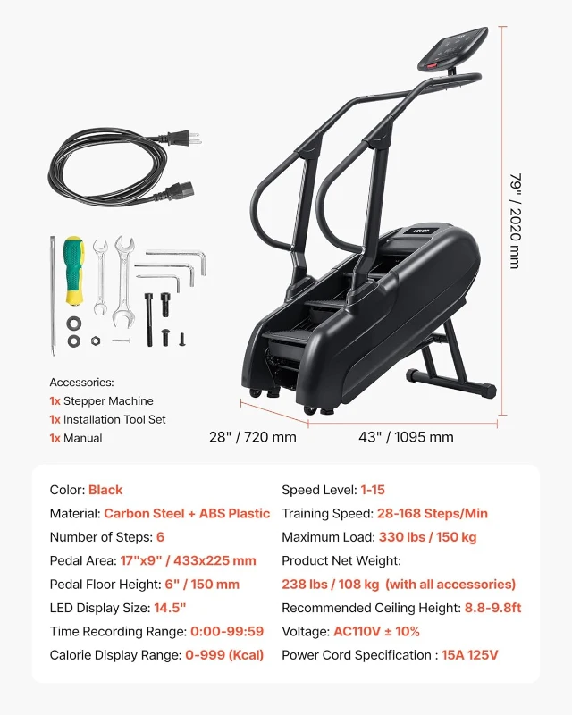 VEVOR Continuous Climber Stair Stepper with 14.5"" LED Display, 15 Speed Levels (28-168 SPM), 330 lb Capacity for Home Cardio and Lower-Body Training