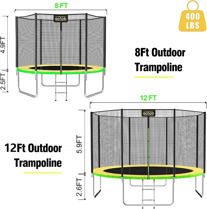AOTOB 12 ft Outdoor Trampoline with Safety Enclosure Net and Basketball Hoop — Heavy-Duty PP Jump Mat, Spring Cover Padding, Storage Bag & Ladder