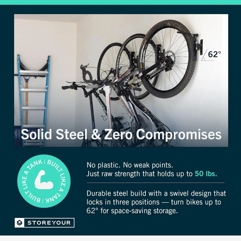 StoreYourBoard Wall-Mounted Swivel Bike Rack – Vertical Garage Hanger with 120° Rotating Arm & Adjustable Stopper – Space-Saving Mount for Kids Bikes, BMX and E-Bikes