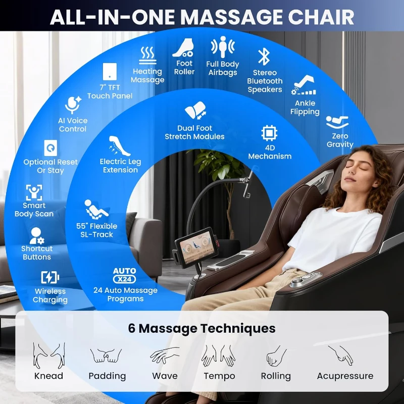 Space Walk & Ankle Stretch 4D Massage Chair — Zero Gravity SL-Track Shiatsu Recliner with Electric Calfrest Extension, Foot Rollers & AI Voice (S002 Black)