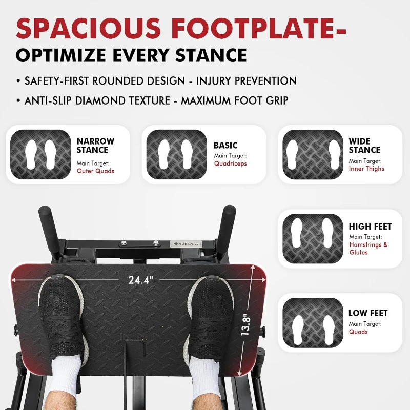 Mikolo Leg Press & Hack Squat Combo with Linear Bearings, Front and Rear Band Pegs, Full-Range Leg Training Machine