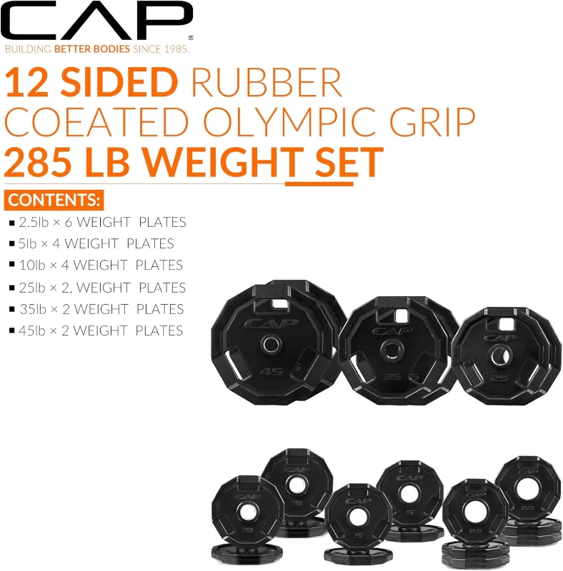 CAP Barbell 2-Inch Olympic 12-Sided Rubber-Coated Plate Set — Full Range Option