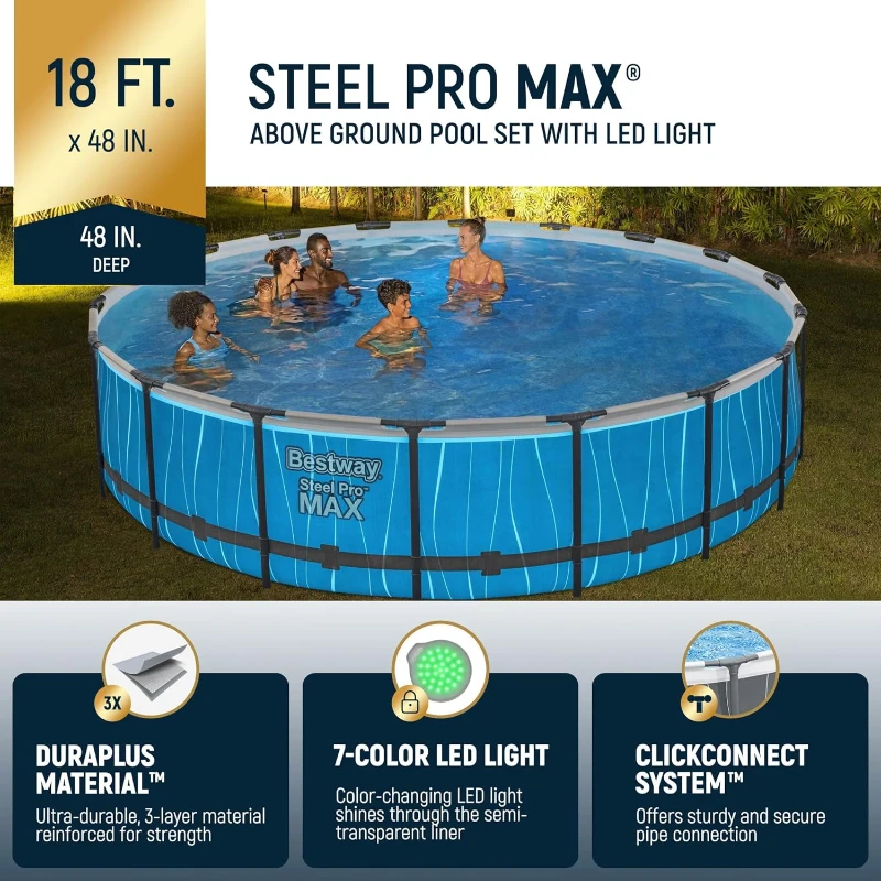 Bestway Steel Pro MAX 18' x 48"" Metal Frame Above-Ground Round Pool Set with LED Light & Remote, Ladder, Cover and 1500 GPH Filter Pump