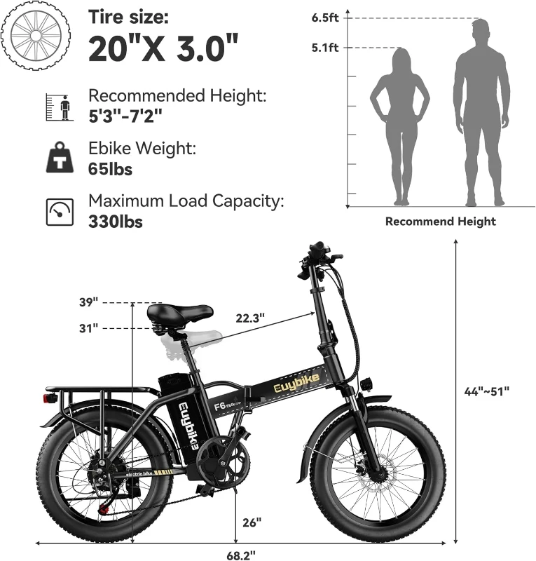 KEBIKO Folding Electric Bike 1000W Peak – 48V 20Ah Removable Battery, 30+ MPH, Up to 80-Mile Range, 20"" Fat Tire Foldable Ebike for Adults (Commute, Beach, Snow)