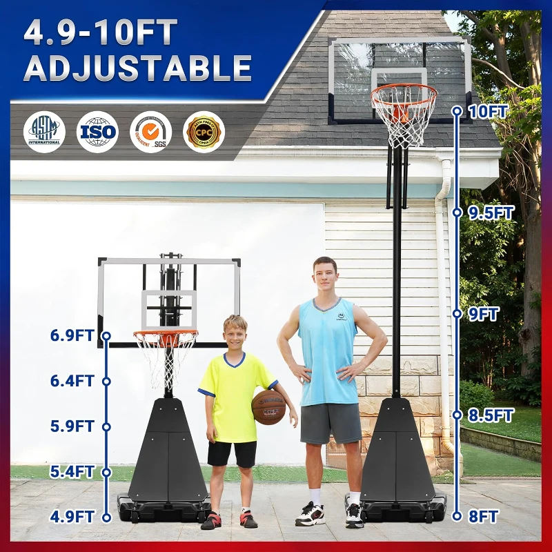 WIN.MAX 44"" Portable Basketball Hoop with Extra-Large Base — Adjustable 4.9–10 ft Goal System for Driveway and Backyard