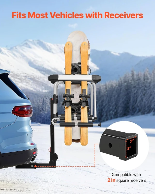 VEVOR Hitch-Mounted Ski & Snowboard Rack for 2-Inch Receiver, Carries up to 6 Pairs of Skis or 4 Snowboards, Includes Key Lock, Security Strap, 120° Tilt Access & Rubber Padding