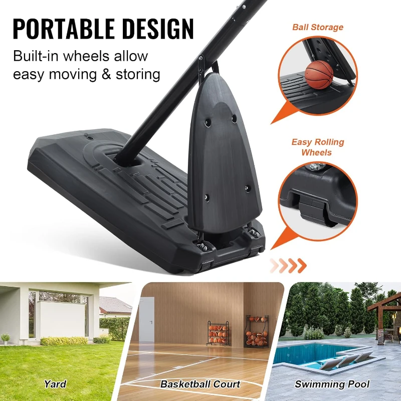 VEVOR Adjustable Portable Basketball Hoop with Mobile Stand & Weighted Base, Height-Adjustable Rim for Youth and Adults, Indoor/Outdoor