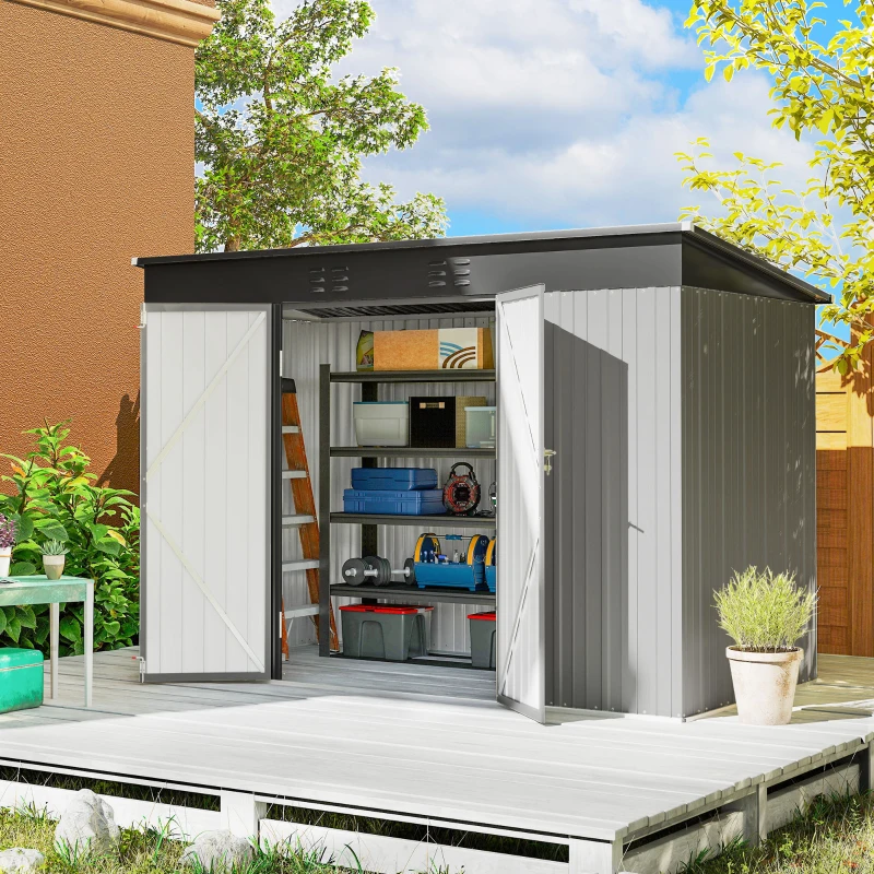 Outsunny 9' x 4' Galvanized Steel Garden Storage Shed with Lockable Doors, Gloves and 2 Air Vents for Backyard, Patio, Lawn
