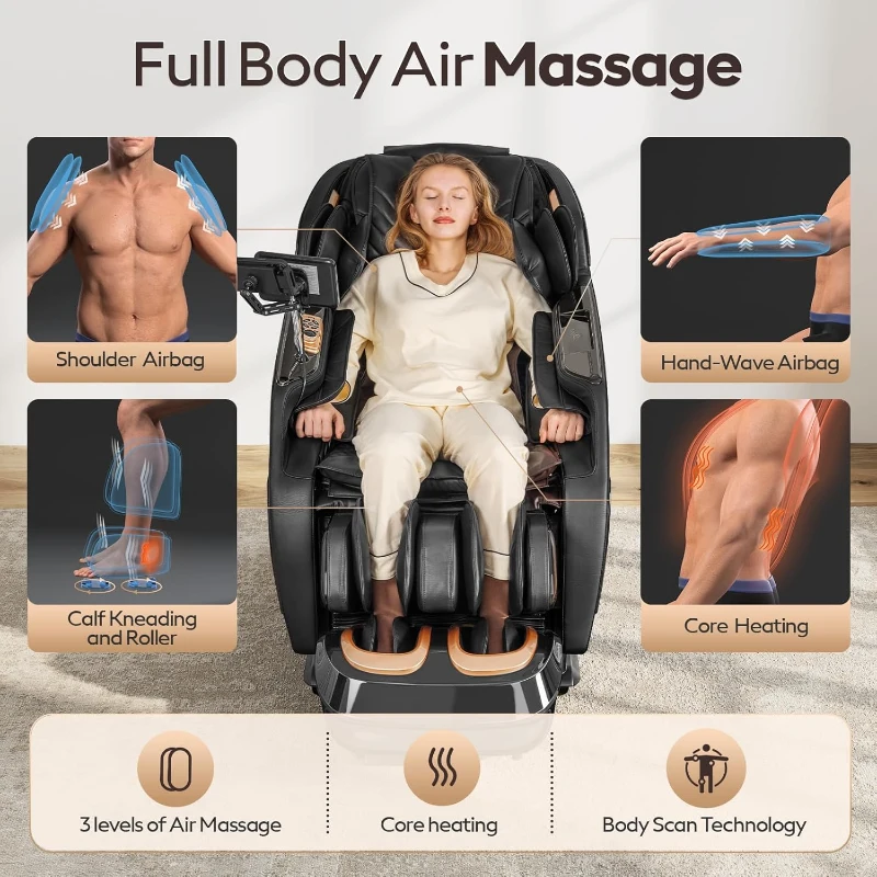 4D Full-Body Massage Chair Recliner with Zero Gravity, SL-Track Shiatsu, Core Heating, 20 Techniques, Deep Yoga Stretch, Foot Rollers, AI Voice, Touchscreen & Wireless Charging