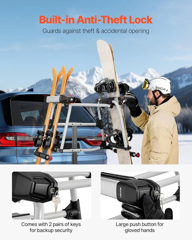 VEVOR Hitch-Mounted Ski & Snowboard Rack for 2-Inch Receiver, Carries up to 6 Pairs of Skis or 4 Snowboards, Includes Key Lock, Security Strap, 120° Tilt Access & Rubber Padding