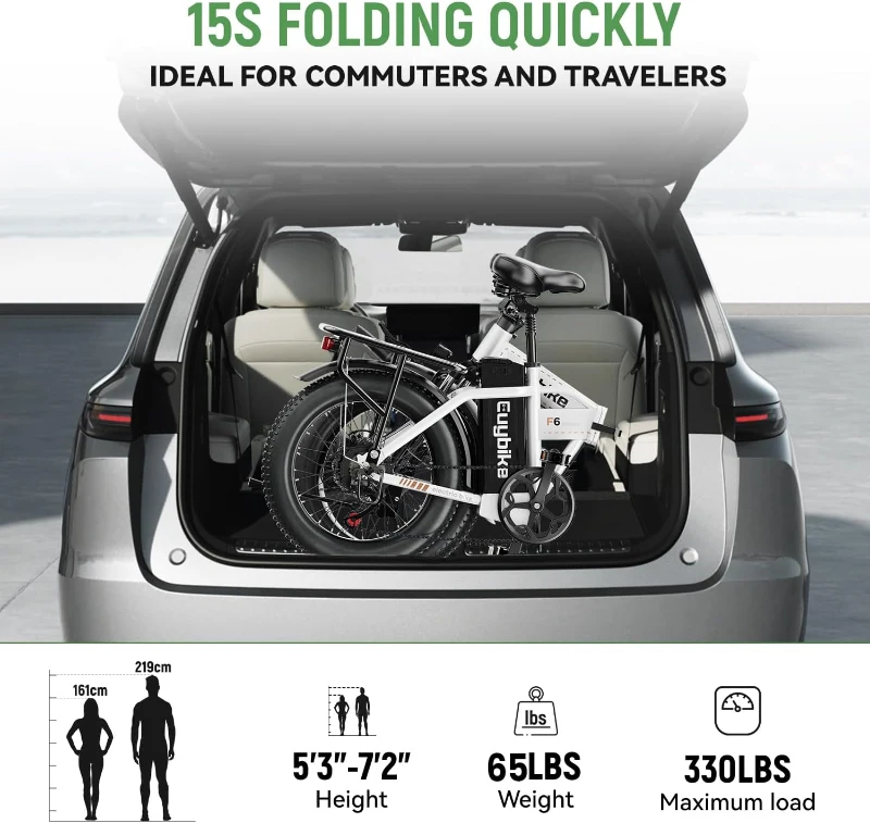 KEBIKO 1000W Peak Folding Electric Bike - 48V 20Ah Removable Battery, 30+ MPH, Up to 80 Mile Range, 20"" Fat Tire Foldable E-Bike for Adults (Commute, Beach, Snow)