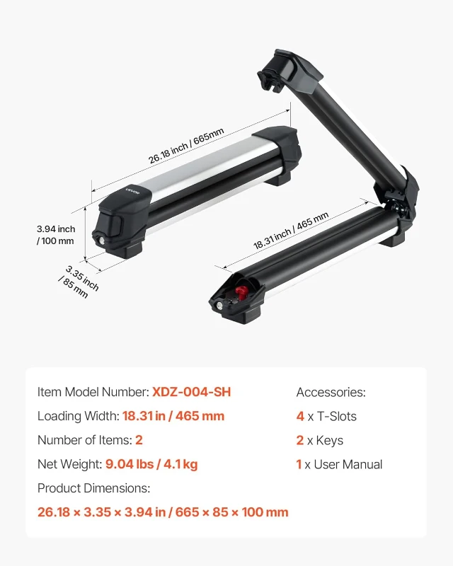 VEVOR Ski & Snowboard Roof Rack, Holds up to 4 Pairs of Skis or 2 Snowboards, 2-Pack Aluminum Universal Crossbar Mount with Lock & Rubber Padding, Carrier for Fishing Rods, Fits Most Slotted Crossbars