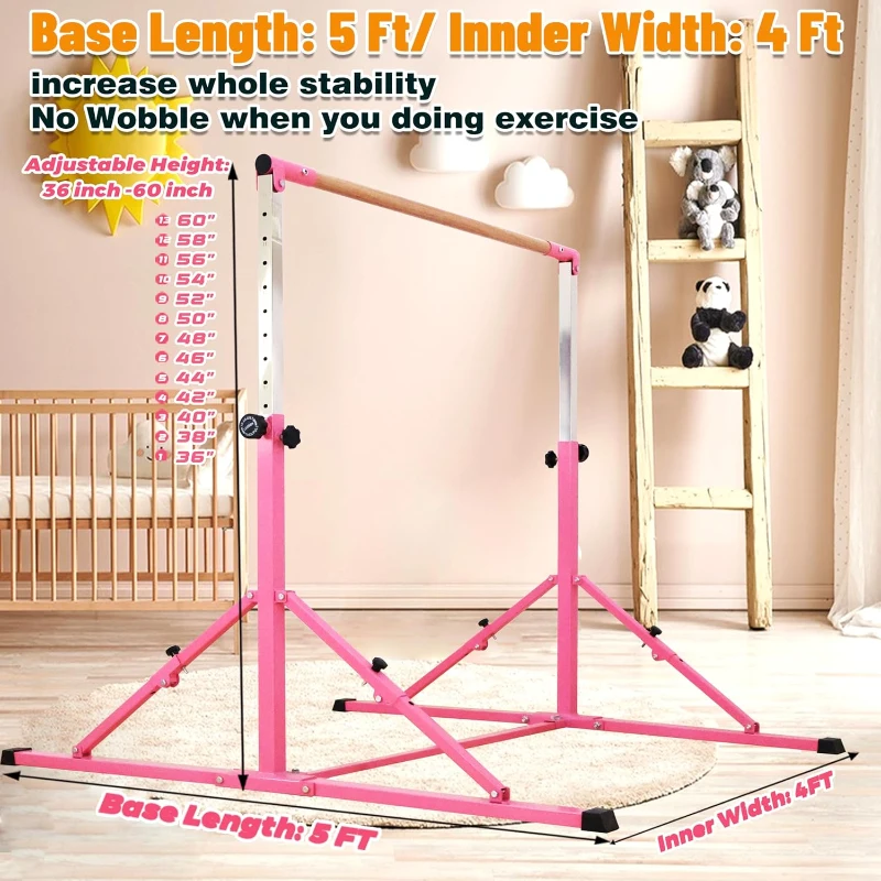 MARFULA Foldable Gymnastics Kip Bar Set – 5 ft Crossbar, 4 ft Inner Width, Adjustable 36""–60"" Height for Kids – Suitable for Home and Club Training