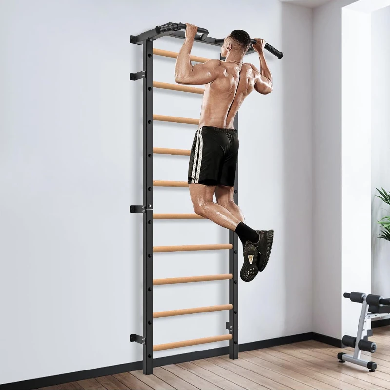 Kipika 2 x 2-inch Swedish Wall Ladder – Wall-Mounted Pull-Up Bar & Suspension Trainer with 1-inch Holes, Solid Wood Grips, Power Rack Compatible Gymnastic Stall Bar for Home, School and Wall Gyms