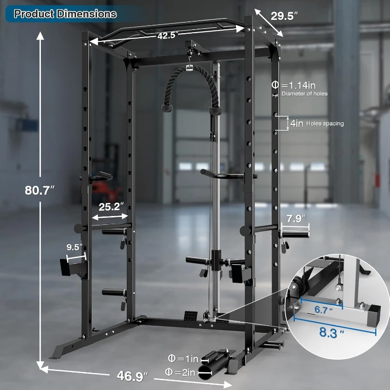 Multi-Functional Power Cage with J-Hooks, Dip Handles, Landmine & Optional Cable Pulley System — Heavy-Duty Home Power Rack