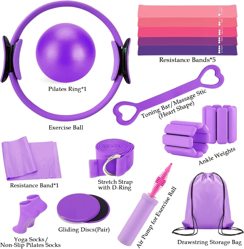 Complete Home Pilates Set for Women — 14"" Ring, 9.8"" Ball, Wrist/Ankle Weights, Bands & Accessories, Full Pilates Essentials Kit