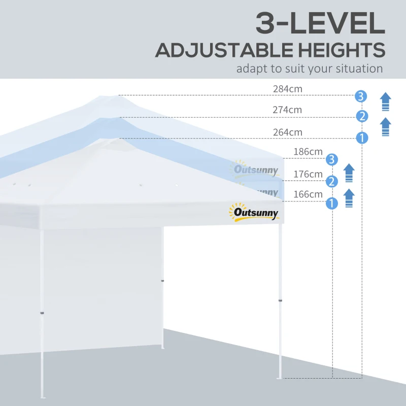Outsunny 10&#39; x 10&#39; Pop Up Canopy Tent with Adjustable Height, 1 Sidewall, and Wheeled Carry Bag for Outdoor, Garden, Patio, White