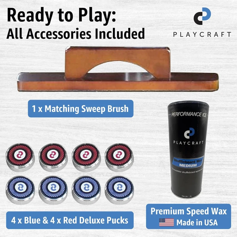 Playcraft Georgetown Shuffleboard Table — Split 2-Piece Option for Narrow Access, Storage Cabinet, Includes Pucks, Abacus, Brush & Wax