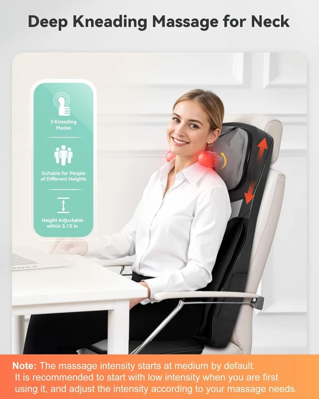 Snailax Shiatsu Neck & Back Massager with Heat - Adjustable-Height Neck Rollers, Vibration and Upgraded Kneading Compression Chair Pad for Home & Office