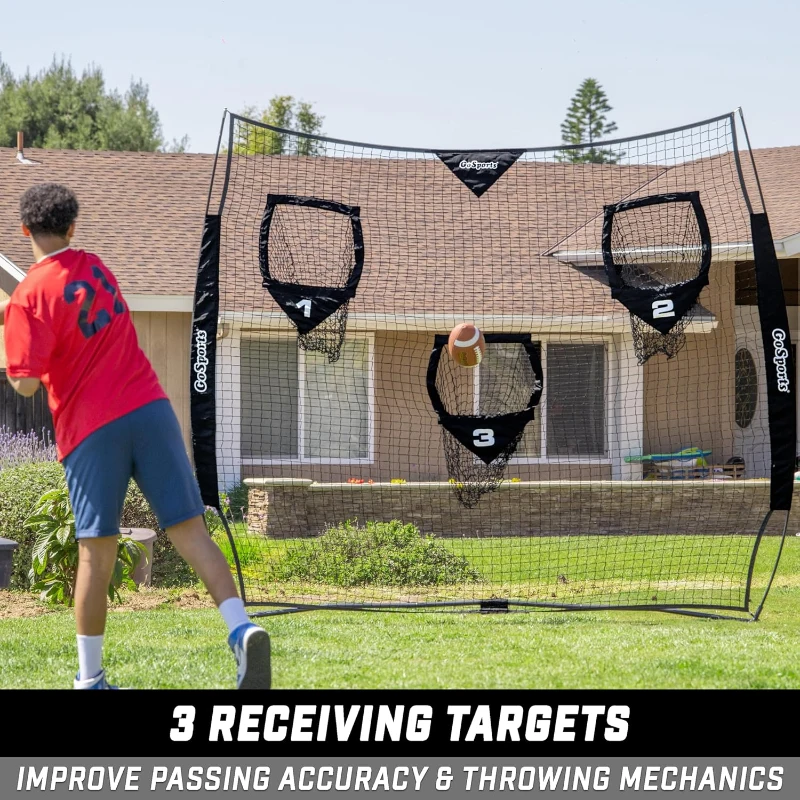 GoSports Football Throwing Net - QB Training Net (8'x8' or 6'x6') - Black or Red