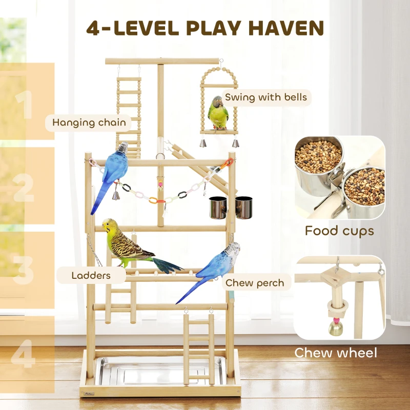 PawHut Bird Playground, 4 Layer Wooden Play Stand with Ladders, Chain Toy, Stainless Steel Cups and Tray for Small Birds
