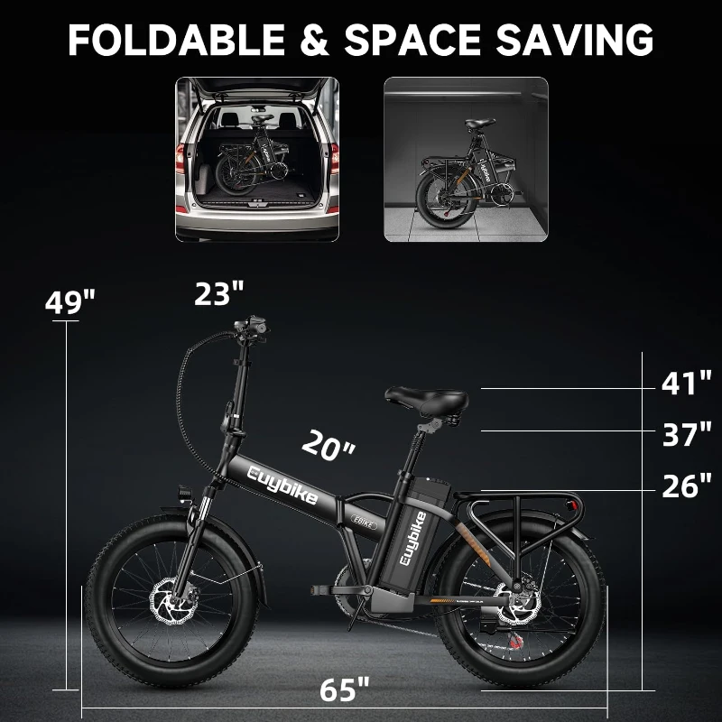 1000W Folding Electric Mountain Bike, 48V 20Ah Detachable Battery, 30+ MPH, 60-Mile Range (PAS), 20"" Fat Tire Foldable E-Bike for Adults