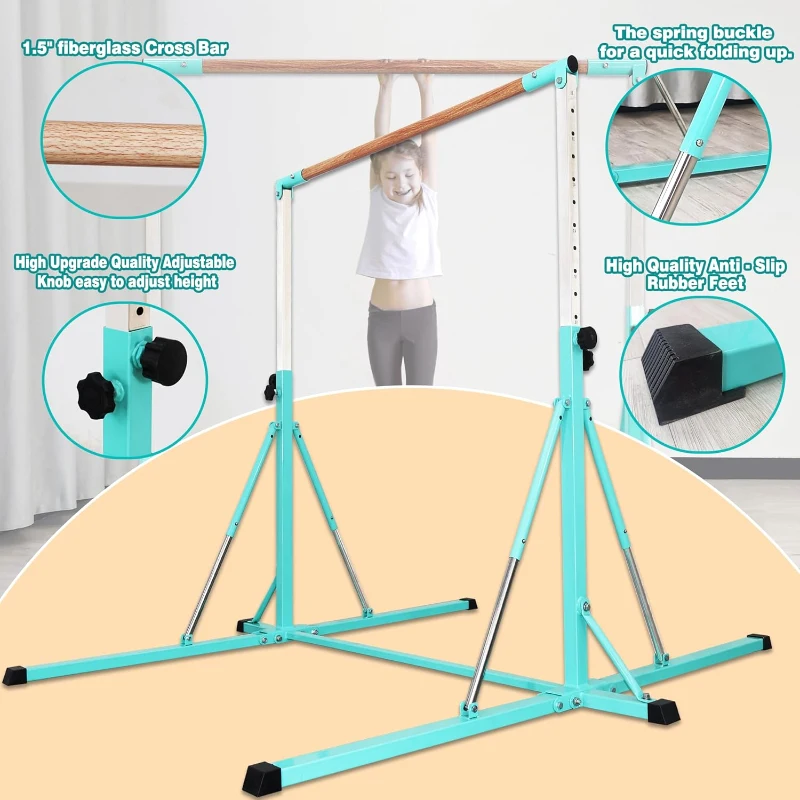 Adjustable Foldable Gymnastics Bar 5FT/6FT with Mat, Horizontal Kids Training Bar, Heights 35.4""–59"" / 45""–71"", 500 lb Capacity